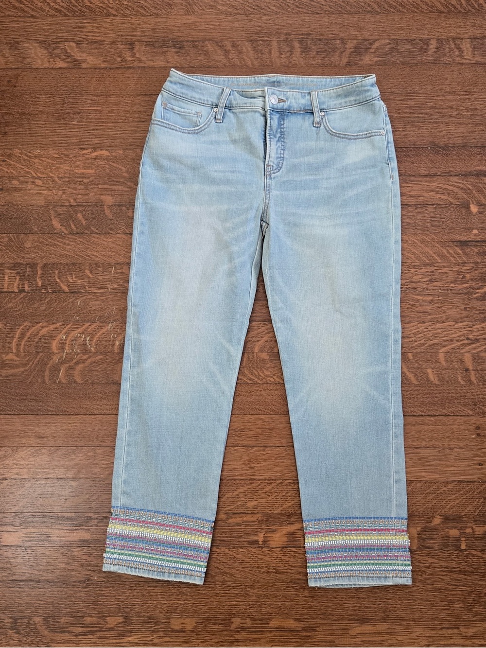 NYDJ Light Blue Cropped Jeans with Multicolor Beaded Hem